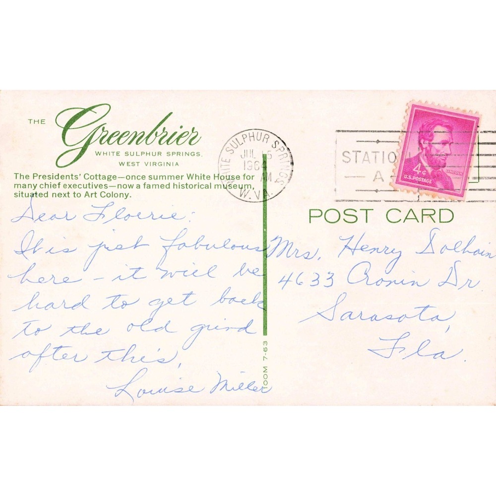 Vintage 1964 Greenbrier Presidents Cottage Postcard White Sulphur Springs WV - Picture 2 of 2